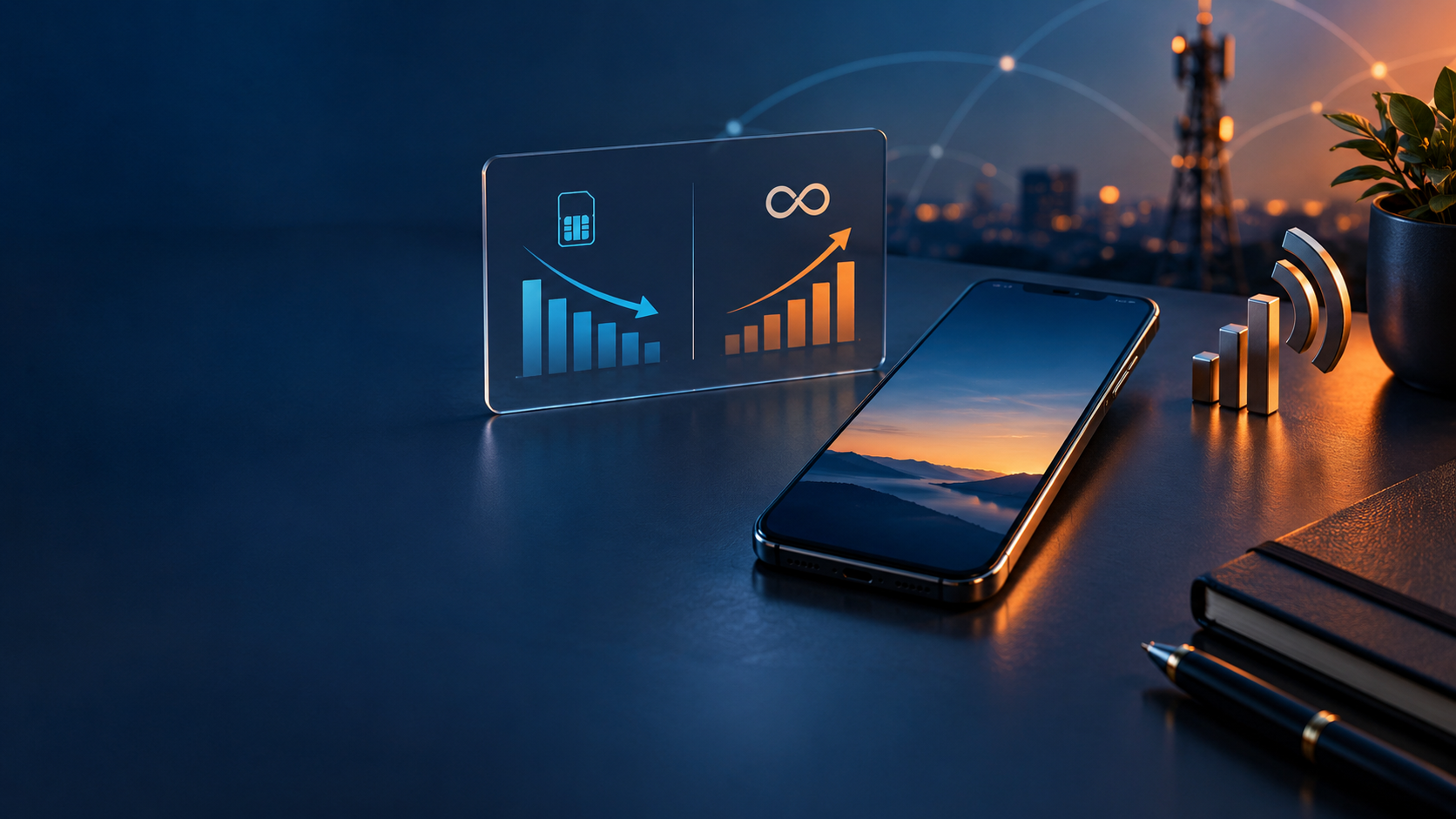 Smartphone mit steigenden und fallenden Balken als Symbol für Preisentwicklungen bei Mobilfunktarifen